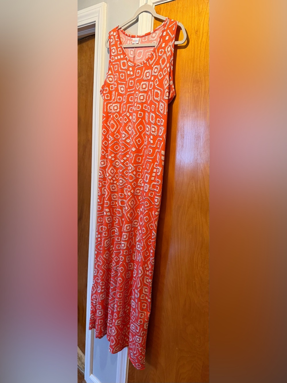 LuLaRoe Coral Orange Maxi Dress with White Geometric Print